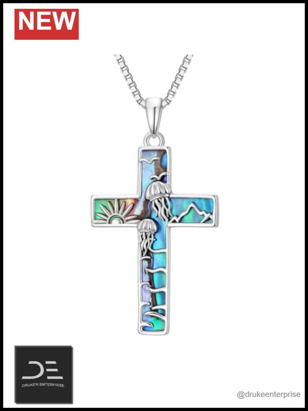 925 Sterling Silver Abalone Cross Pendant Necklace White Gold Plated Beach